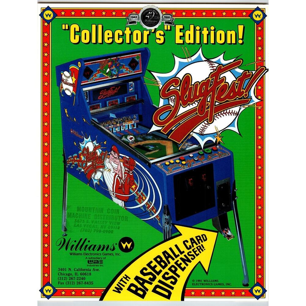 Slugfest Pinball FLYER Original Game Art Baseball Pitch And Bat Artwork 1991